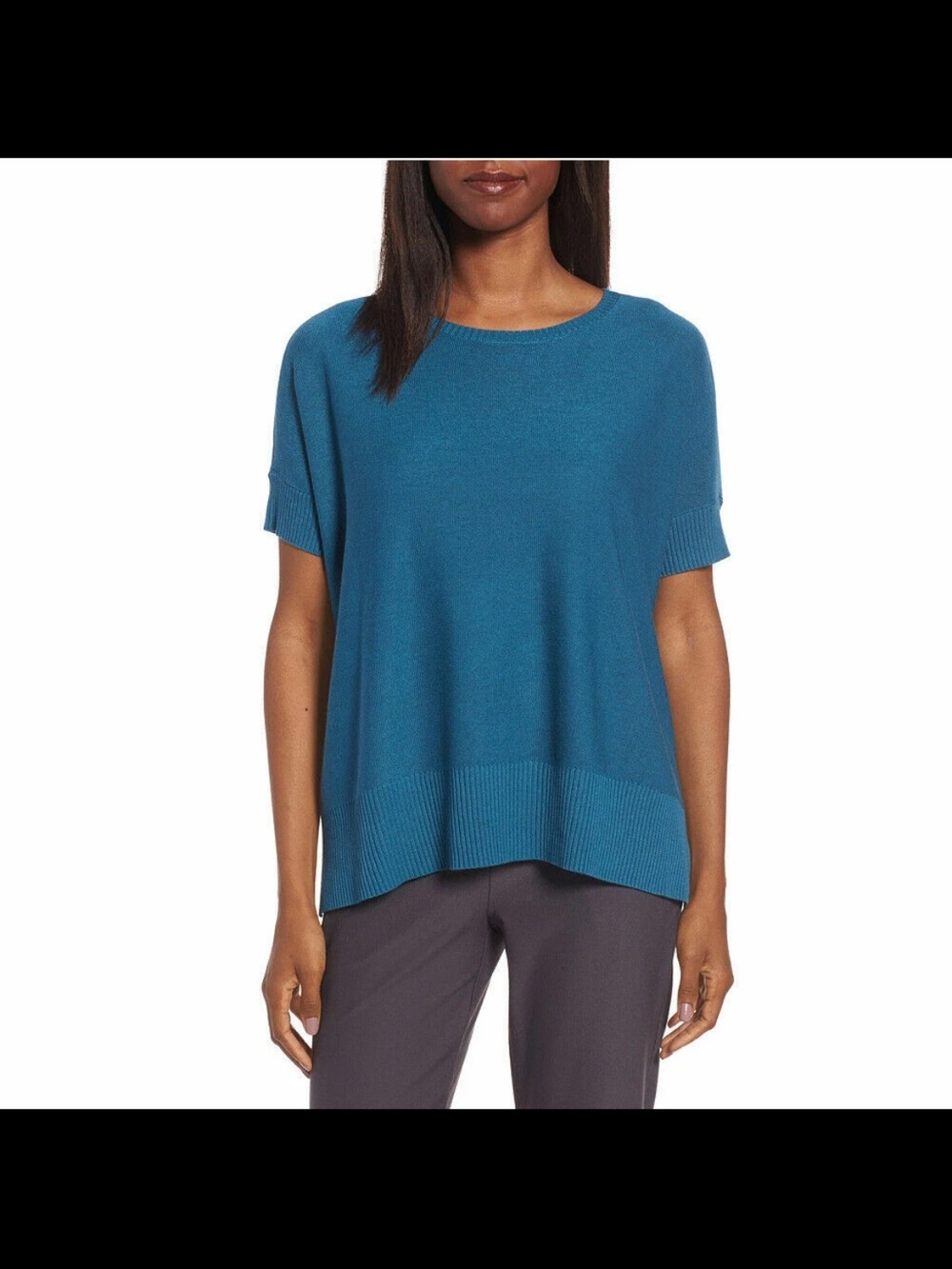 EILEEN FISHER Nile Blue Sleek Tencel Merino Wool Knit Boxy Sweater Top 2X